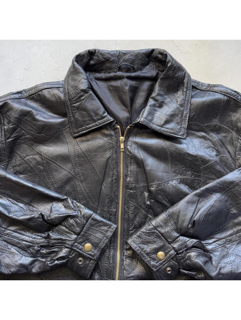 Vintage 2000s Genuine Black Leather Patchwork Mosaic Zip Up Jacket